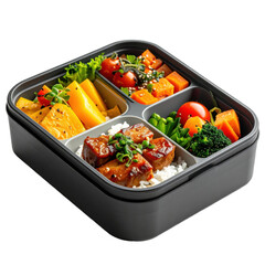 A gray lunchbox filled with colorful, healthy meals including grilled meat over rice, mixed vegetables, and sweet squash.