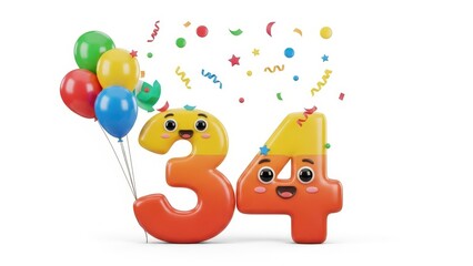 Cute 3D render number 34 characters with colorful balloons and confetti