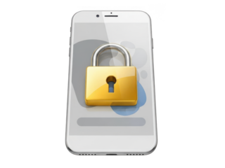 Mobile phone security concept with a golden padlock protecting digital data and privacy isolated on transparent background