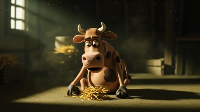 Cartoon cow sitting on hay in a rustic barn with cinematic lighting.