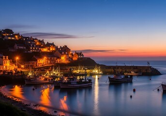 Fototapeta premium Quaint coastal settlement illuminates surrounding harbor water during twilight