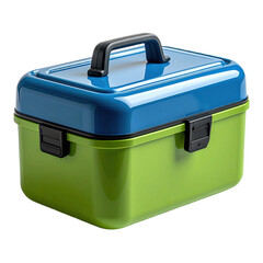 A rectangular storage box with a green body and a blue lid, featuring two black latches and a black handle for easy portability.