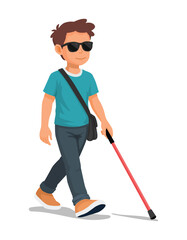 Blind man walking with cane stick