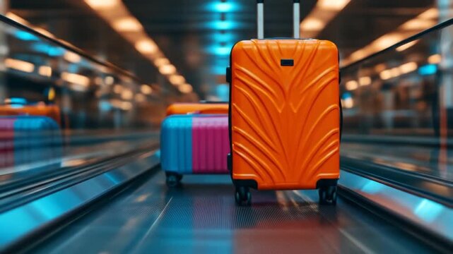 Bright orange, blue, pink luggage moving on an illuminated airport travelator