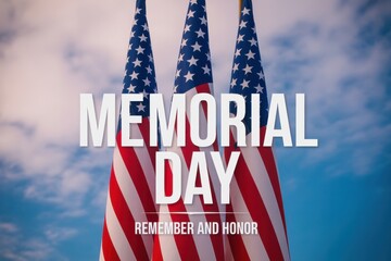 Three American flags wave against a cloudy blue sky with text memorial day remember and honor