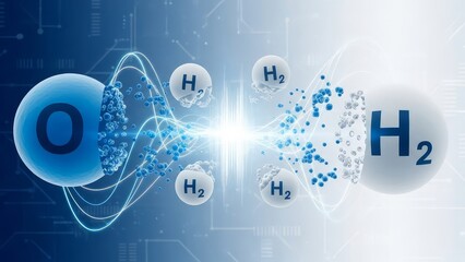 Molecular structure of oxygen and hydrogen, atoms and molecules, h2o composition, chemistry and science concept with glowing blue and white background with education