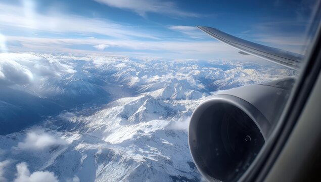 High-altitude view of snowy mountains from an airplane window - Powered by Adobe
