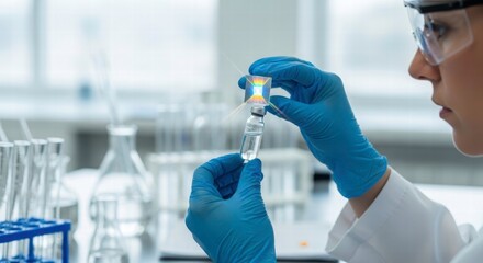 Innovation in the Laboratory: A dedicated scientist meticulously handles a vial of a potential vaccine, set against the backdrop of a cutting-edge research laboratory.