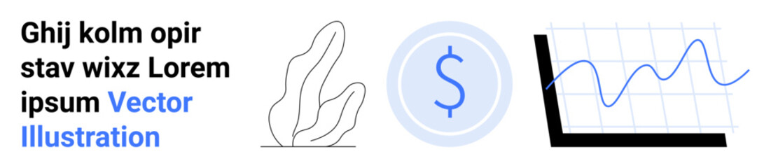 Business analysis, investment growth, market trends, financial planning, economic data, forecasting. A currency symbol, abstract plant illustration and a line graph. Business analysis and investment