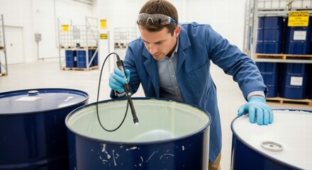 Expert analysis of Chemicals: A dedicated chemist meticulously examines the contents of a metal barrel.