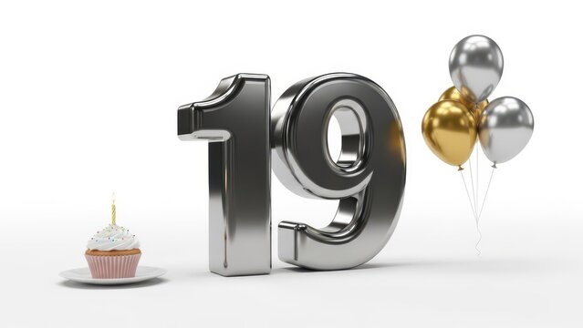 Silver 19th birthday number with balloons and cupcake, metallic 19 year anniversary celebration, glossy chrome nineteen party decor