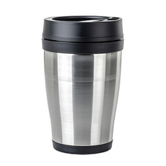 A stainless steel travel mug with a black lid and handle.