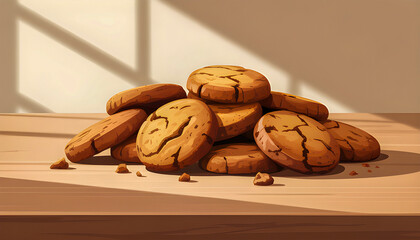 A pile of golden brown cookies sits on a wooden table with sunlight streaming through a window casting warm shadows and creating a cozy inviting atmosphere
