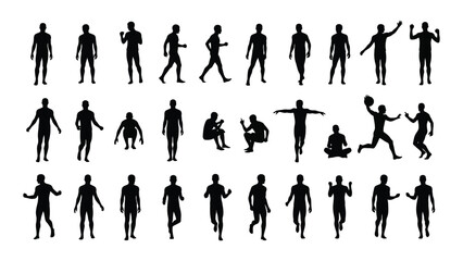 Silhouettes of people in various poses and activities displayed in black