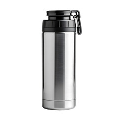 A sleek stainless steel tumbler with a black lid and lid clip, featuring brushed metallic finish and measurement markings.