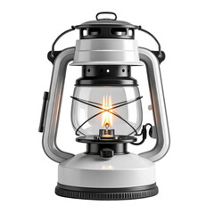 A modern silver lantern with a lit candle, providing bright illumination and sturdy handles.