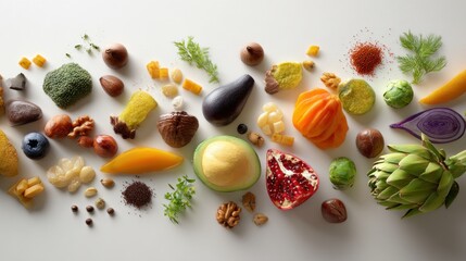 Assorted fresh vegetables, nuts and herbs arranged on a white surface for healthy cooking and