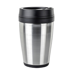 A stainless steel travel mug with a black lid and straw.