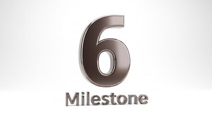 3D render, metallic dark silver number six and 'Milestone' text on white background