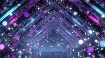 Fototapeta premium High-energy New Year 3D LED frame with chrome and neon, metallic shards, bokeh orbs, confetti, spark trails, volumetric haze, cinematic depth, clean composition, empty center for DJ