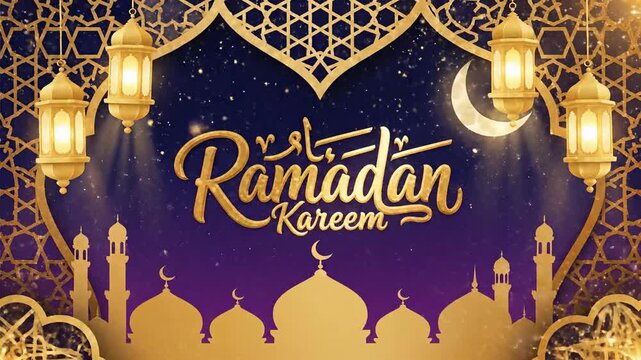 Animated background with golden lanterns, mosque silhouettes, crescent moon, and sparkling night sky. Golden patterns and 'Ramadan Kareem' text create a spiritual, festive mood for cultural greetings,