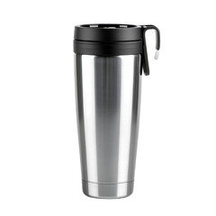 A stainless steel travel mug with a black lid and handle, designed for insulating beverages.