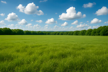 Obraz premium A wide green field stretches under a bright blue sky with scattered fluffy white clouds and a line of trees in the distance creating a peaceful natural landscape