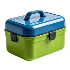 A green and blue plastic storage container with a handle and secure latches.