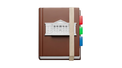 Brown Notebook with White Building Emblem and Colored Tabs