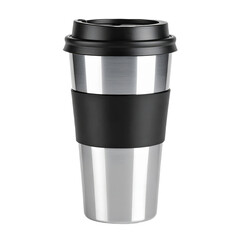 A sleek, stainless steel travel mug with a black lid and sleeve.