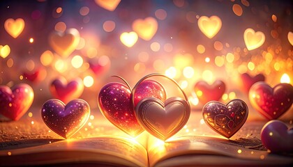 Close-up of illustrated hearts with glowing effect, creating an ethereal and romantic ambiance with soft light