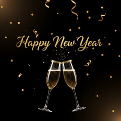 Happy New Year golden text with two champagne glasses toasting. Festive holiday celebration for greeting card or banner design.