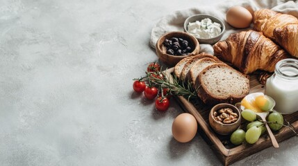 Rustic Breakfast Platter with Croissants, Bread, Fruits, and Eggs on Gray Surface