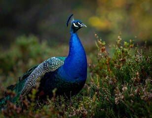 Fototapeta premium Stunning close-up of a peacock in natural habitat amongst plants