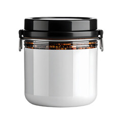 A sleek, white and black storage jar with a black lid, featuring a transparent section for viewing its contents.