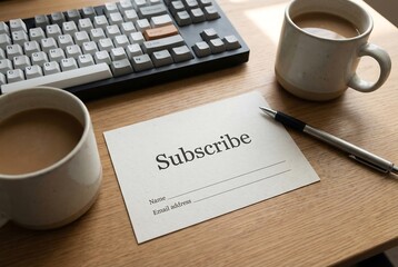 Subscribe form with name and email address fields on a wooden table with a keyboard and two coffee mugs for online service signup.
