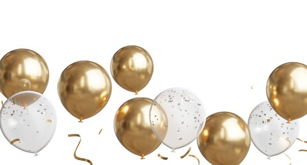3d render of Celebration banner with golden and clear balloons floating and confetti
