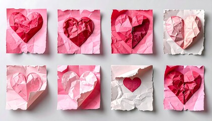 Eight unique origami hearts with varying folds and textures, each made from crumpled, colorful paper