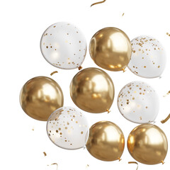 3d render of Celebration banner with golden and clear balloons floating and confetti