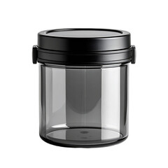 A transparent plastic container with a black screw on lid and handles for carrying.