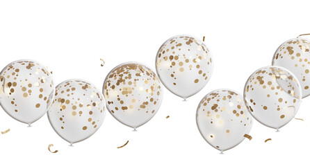 3d render of Celebration banner with golden and clear balloons floating and confetti