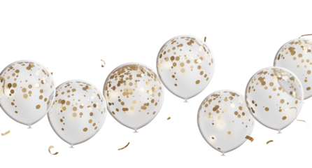 3d render of Celebration banner with golden and clear balloons floating and confetti