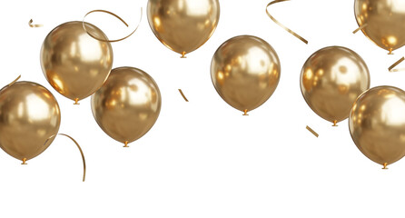 3d render of Celebration banner with golden and clear balloons floating and confetti