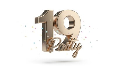 Gold Metallic 3D Render of Number 19 Party with Confetti on White Background