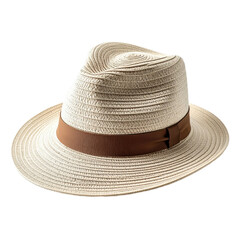 A beige woven straw hat with a brown leather band.