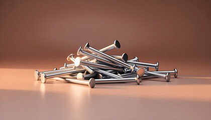 A pile of shiny metal nails is scattered on a smooth surface under warm lighting with a soft brown background creating a simple and clean industrial appearance