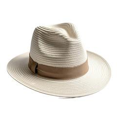 A beige fedora hat with a brown ribbon band.