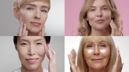 This collage showcases a variety of women engaging in a self-care ritual at home, each applying skincare products with joy and tranquility. It emphasizes beauty and relaxation.