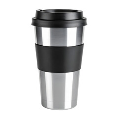 A sleek stainless steel travel mug with a black silicone grip and matching lid.