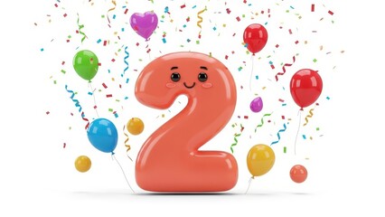 3D render of a cute smiling number 2 character with colorful balloons and confetti